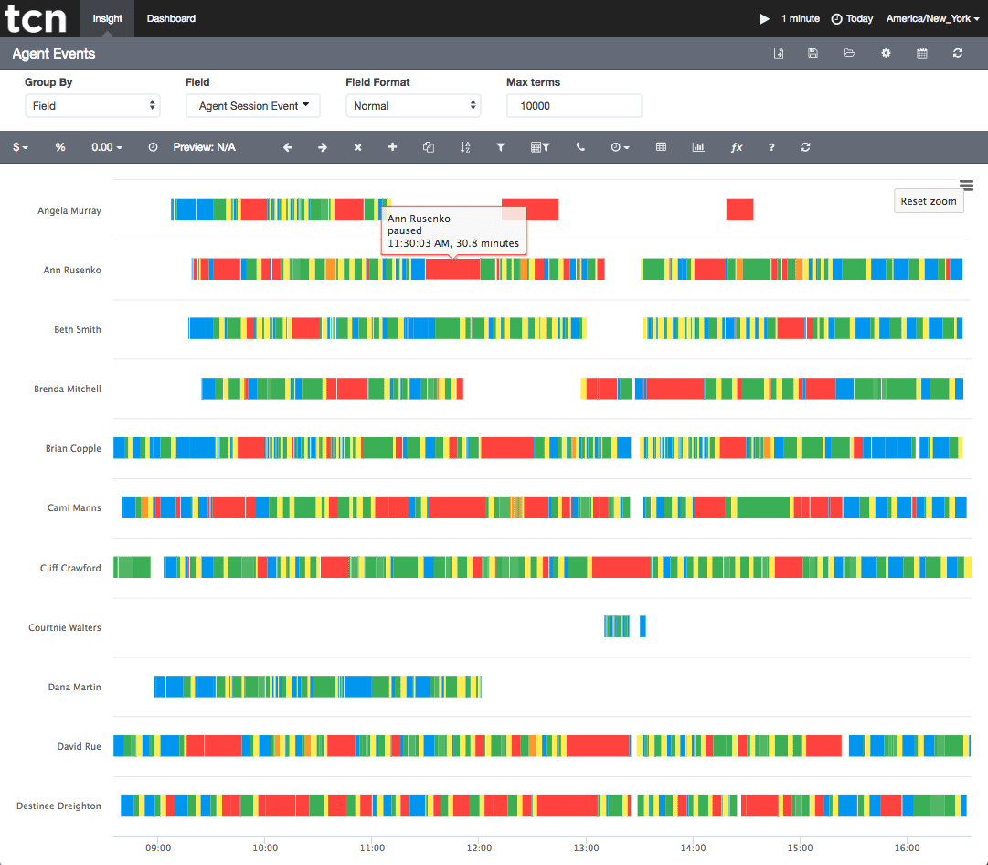 cloud contact center software screenshot of agent activity log